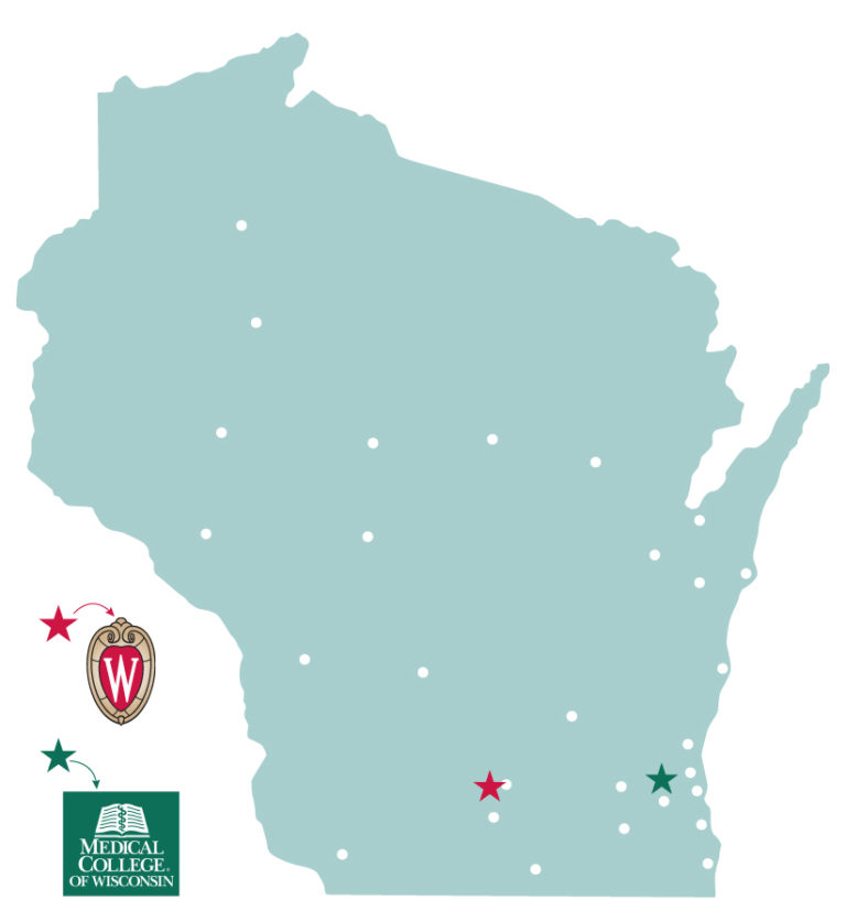 A light green map of Wisconsin with white dots indicating where Wisconsin children who screened positive for spinal muscular atrophy live throughout the state.