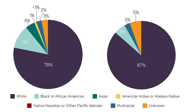 Two pie charts showing the race distribution of Wisconsin newborns screened for spinal muscular atrophy and the race distribution of Wisconsin newborns confirmed positive for spinal muscular atrophy.